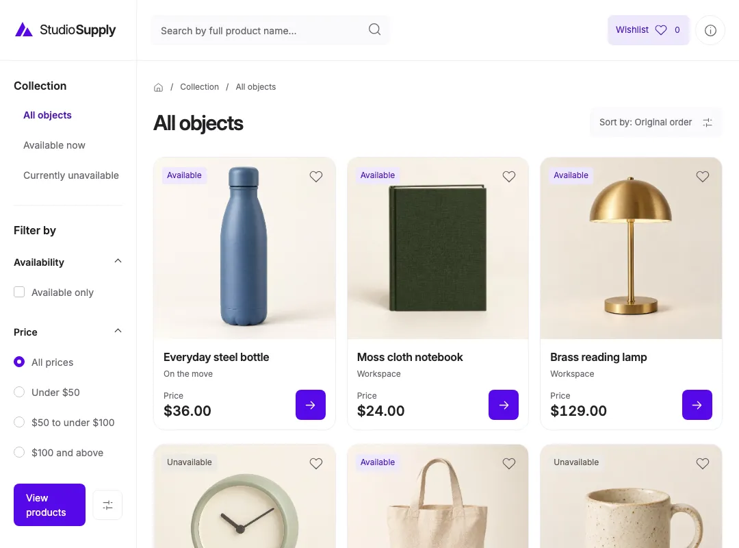 Astro catalog example with categories, filters and a grid of products