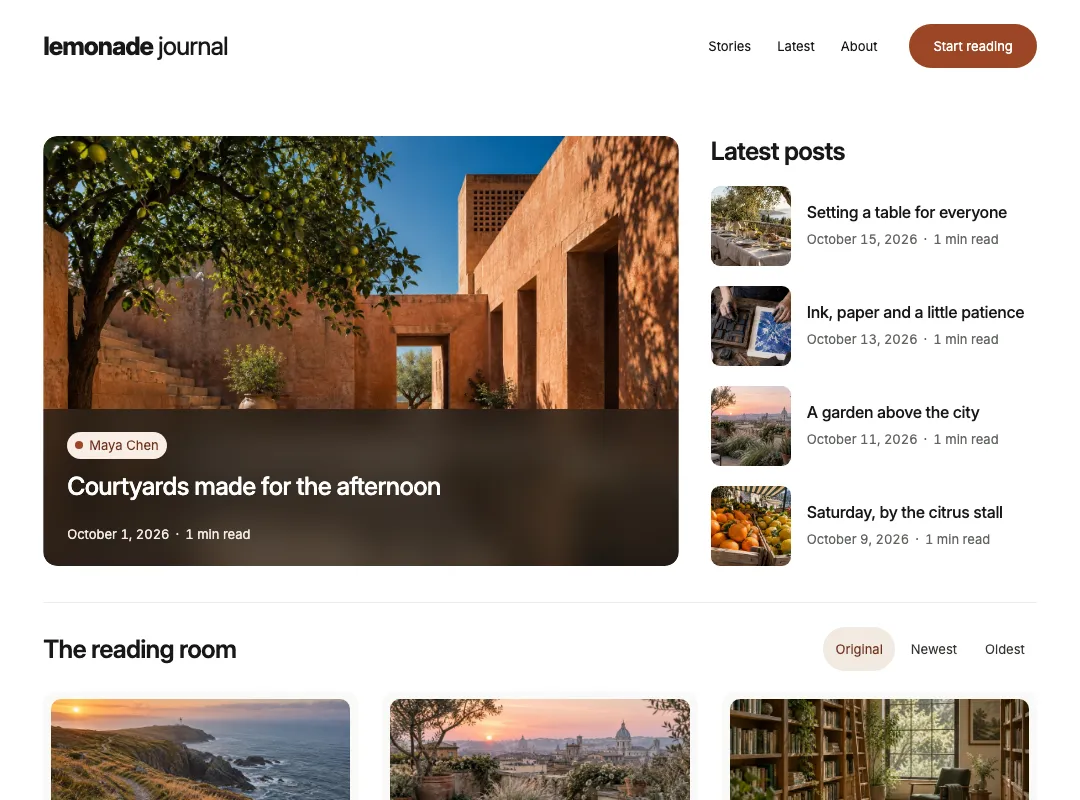 Lemonade Journal example with a featured article and recent stories
