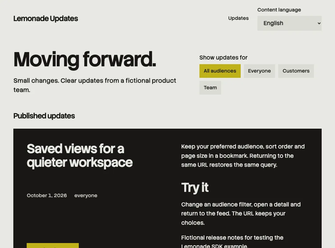 Astro announcements example showing a product update feed