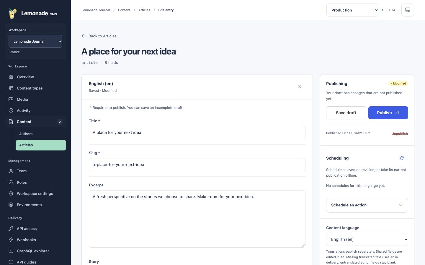 Actual article editor with draft fields, publishing controls, scheduling and language selection