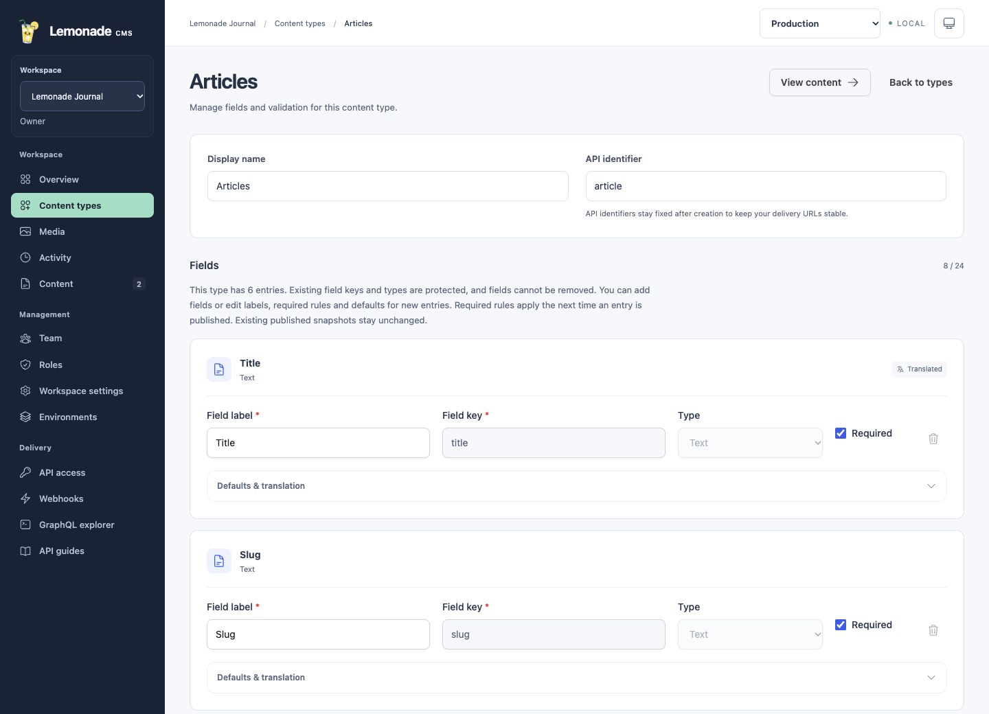 Actual Articles model with named fields, required checkboxes and translation settings