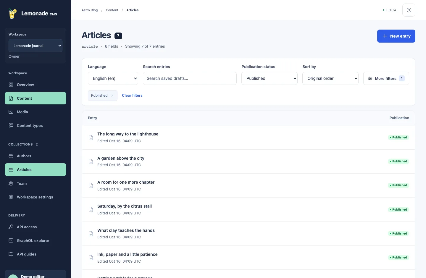 Actual article collection with search, content language and publication-status filters